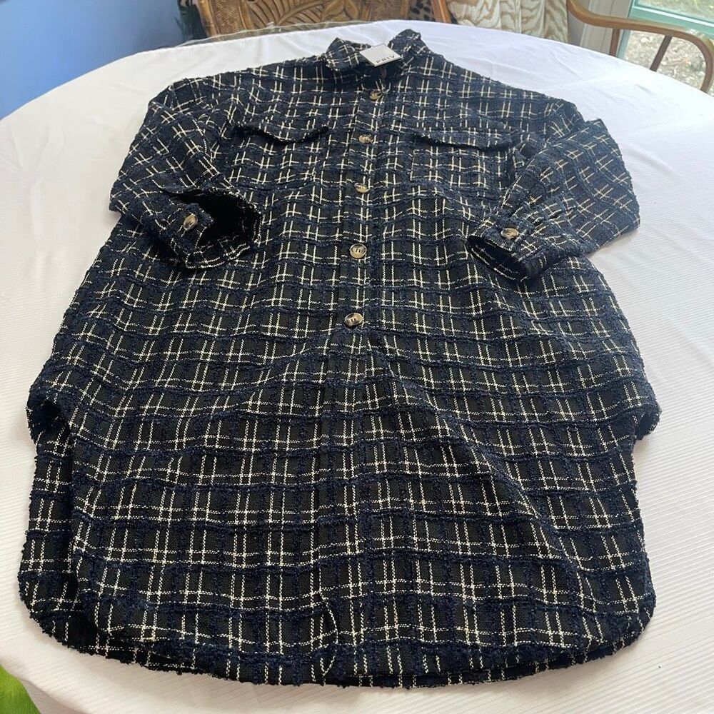 NWT PRIV Navy Blue Oversized Tweed Boucle Shacket Jacket Size Medium New